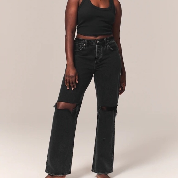 Abercrombie & Fitch NWT The 90s Baggy Low Rise Curve Love Black Distressed 18L - Picture 1 of 7